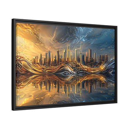Side Mockup 14. Abstract Cityscape Gold And Blue Cityscape shown as stretched canvas wall art