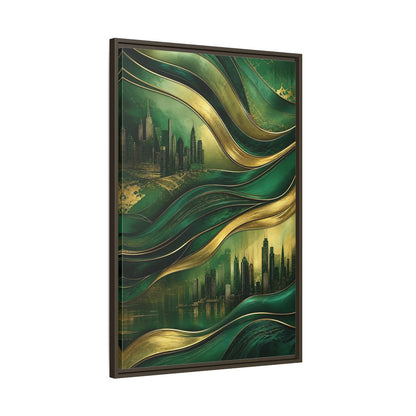 Main Mockup. Abstract Cityscape Green And Gold Abstract shown as stretched canvas wall art