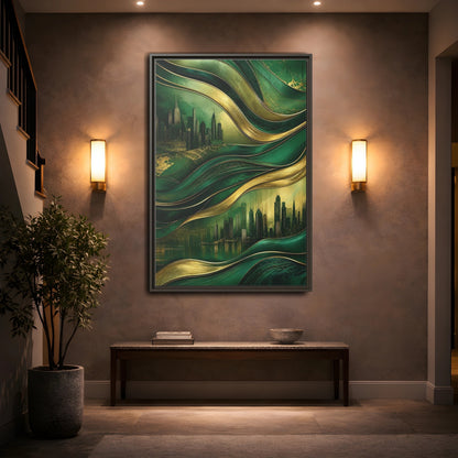 Mockup 2. Abstract Cityscape Green And Gold Abstract shown as stretched canvas wall art
