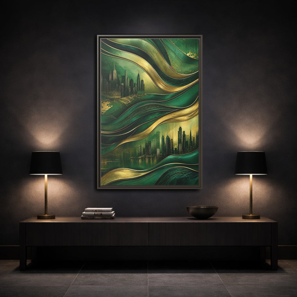 Mockup 3. Abstract Cityscape Green And Gold Abstract shown as stretched canvas wall art