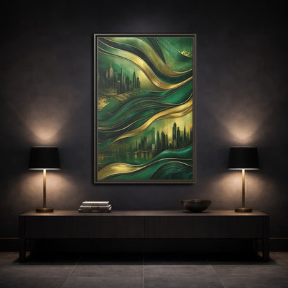 Mockup 3. Abstract Cityscape Green And Gold Abstract shown as stretched canvas wall art
