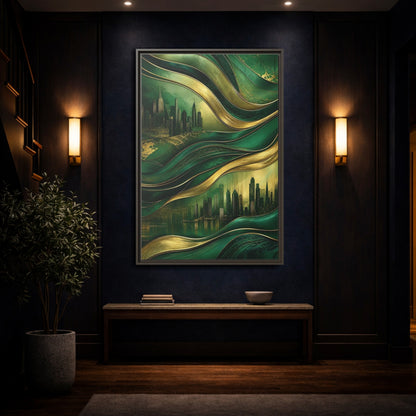 Mockup 4. Abstract Cityscape Green And Gold Abstract shown as stretched canvas wall art