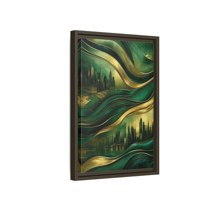 Side Mockup 5. Abstract Cityscape Green And Gold Abstract shown as stretched canvas wall art