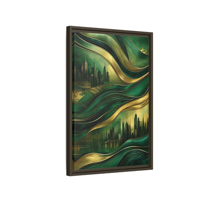 Side Mockup 2. Abstract Cityscape Green And Gold Abstract shown as stretched canvas wall art