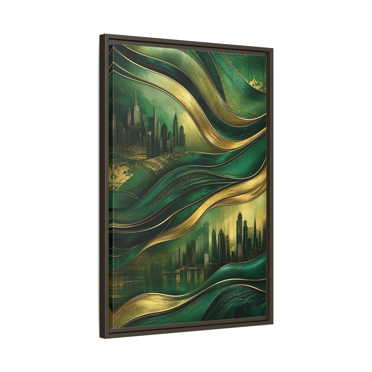 Side Mockup 11. Abstract Cityscape Green And Gold Abstract shown as stretched canvas wall art
