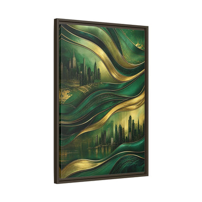 Side Mockup 11. Abstract Cityscape Green And Gold Abstract shown as stretched canvas wall art