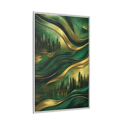 Side Mockup 7. Abstract Cityscape Green And Gold Abstract shown as stretched canvas wall art