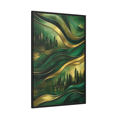 Side Mockup 12. Abstract Cityscape Green And Gold Abstract shown as stretched canvas wall art