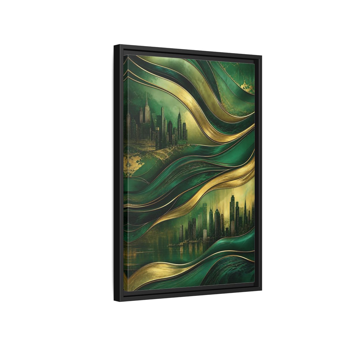 Side Mockup 3. Abstract Cityscape Green And Gold Abstract shown as stretched canvas wall art