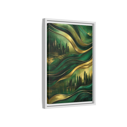 Side Mockup 4. Abstract Cityscape Green And Gold Abstract shown as stretched canvas wall art