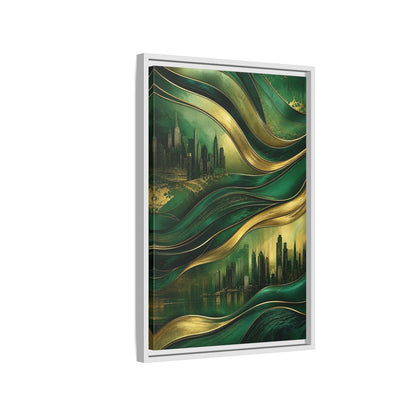 Side Mockup 1. Abstract Cityscape Green And Gold Abstract shown as stretched canvas wall art