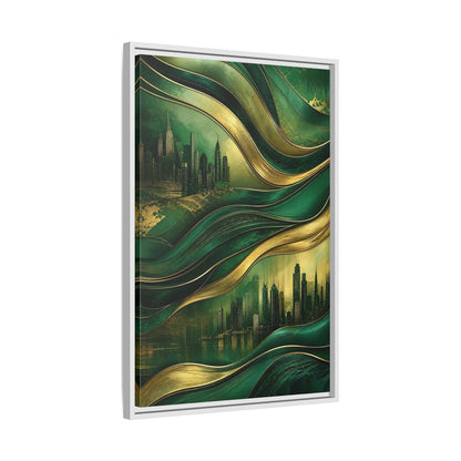 Side Mockup 10. Abstract Cityscape Green And Gold Abstract shown as stretched canvas wall art