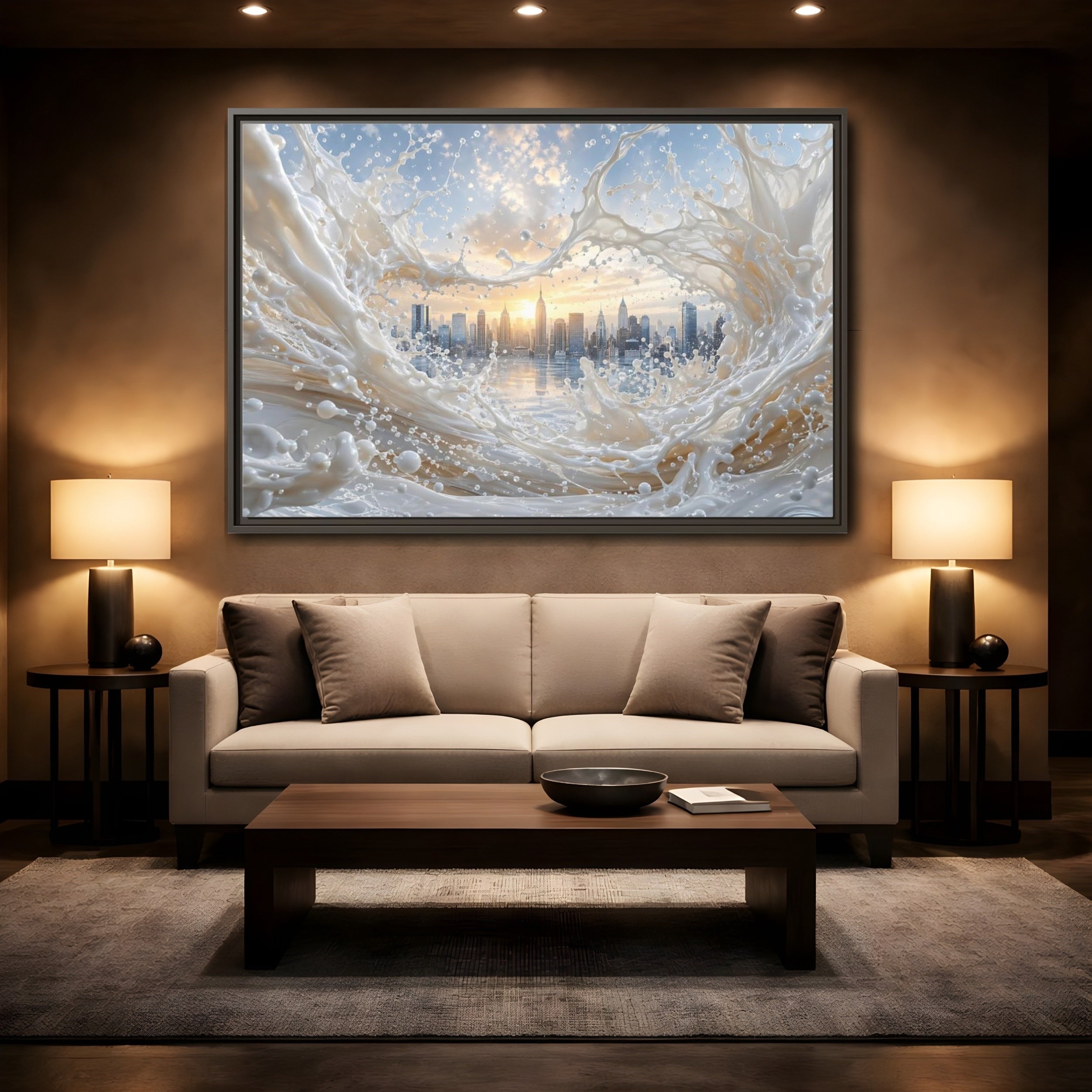 Mockup 2. Abstract Cityscape Splash White Cityscape shown as stretched canvas wall art