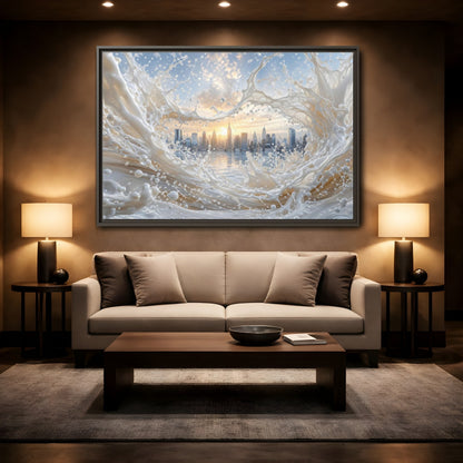 Mockup 2. Abstract Cityscape Splash White Cityscape shown as stretched canvas wall art
