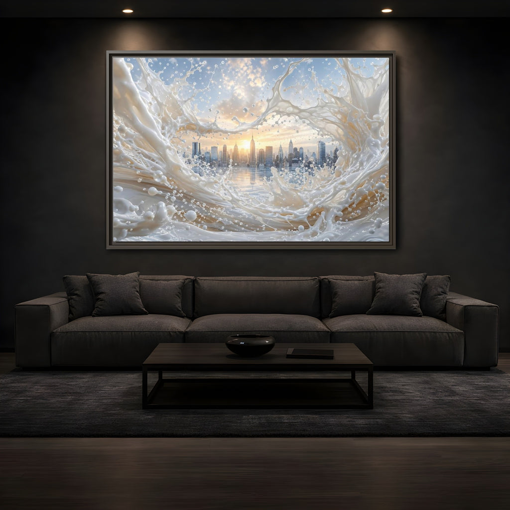 Mockup 3. Abstract Cityscape Splash White Cityscape shown as stretched canvas wall art