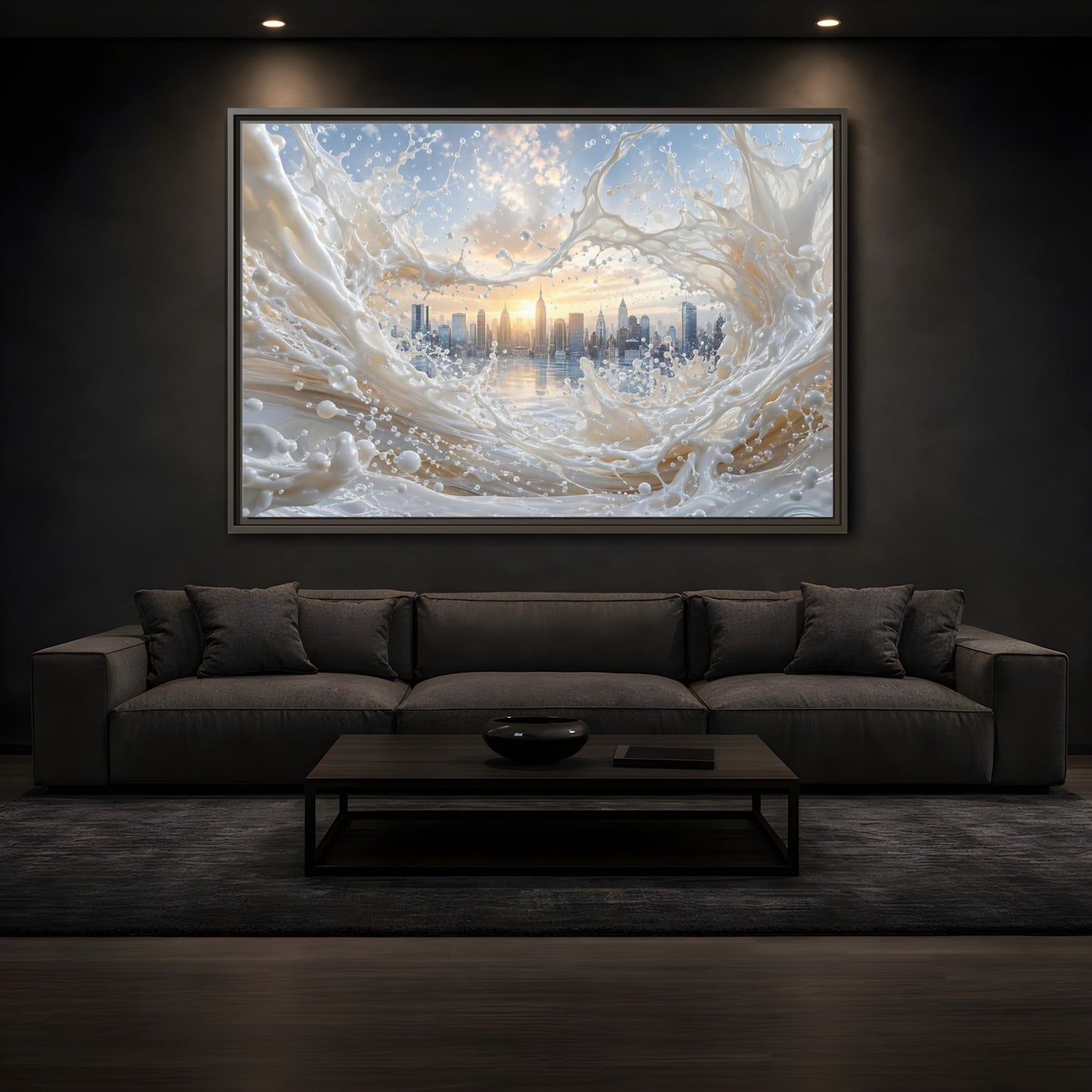 Mockup 3. Abstract Cityscape Splash White Cityscape shown as stretched canvas wall art