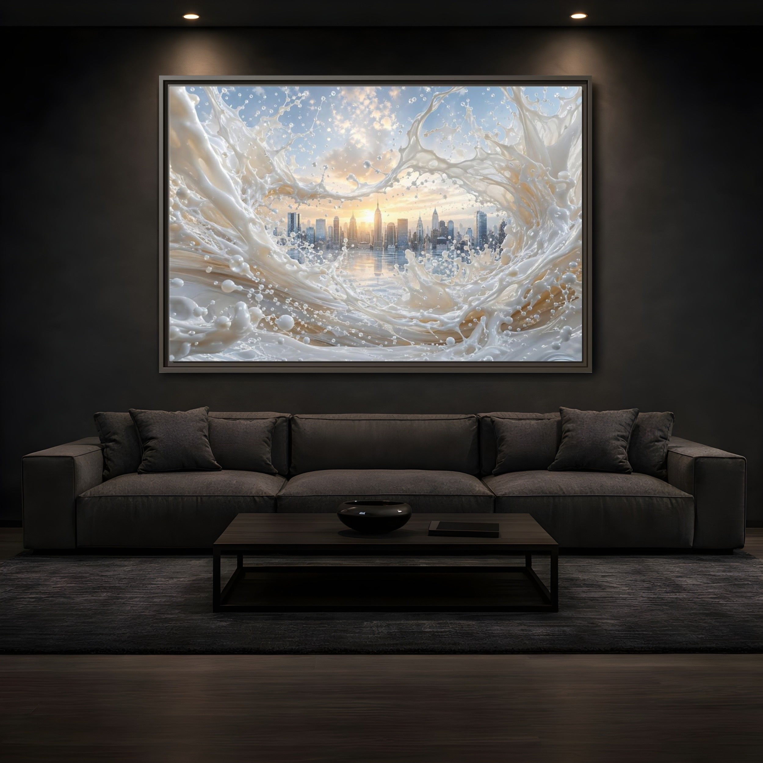 Mockup 3. Abstract Cityscape Splash White Cityscape shown as stretched canvas wall art