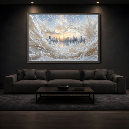 Mockup 3. Abstract Cityscape Splash White Cityscape shown as stretched canvas wall art