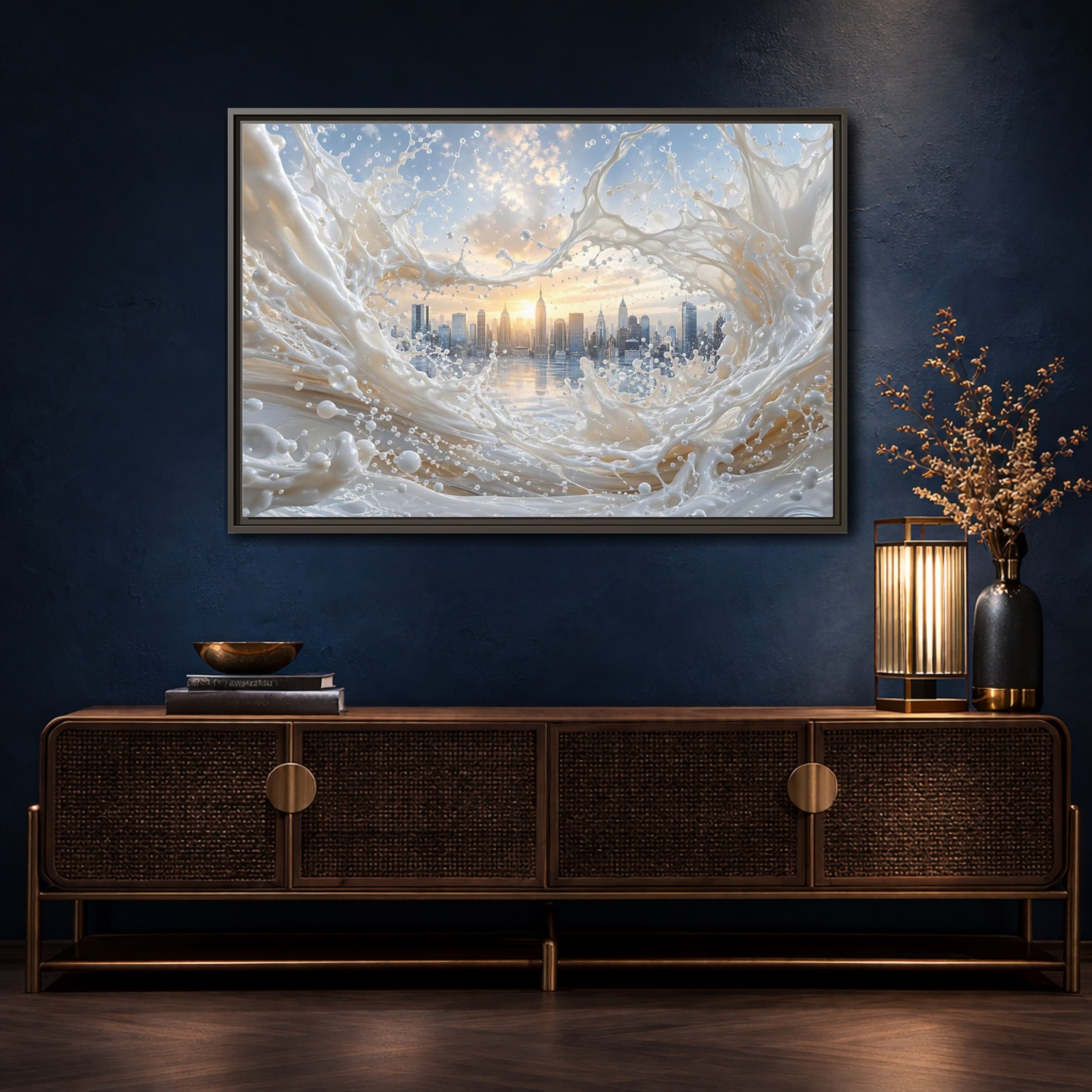 Mockup 4. Abstract Cityscape Splash White Cityscape shown as stretched canvas wall art