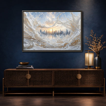 Mockup 4. Abstract Cityscape Splash White Cityscape shown as stretched canvas wall art