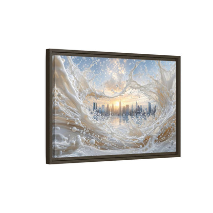 Side Mockup 2. Abstract Cityscape Splash White Cityscape shown as stretched canvas wall art
