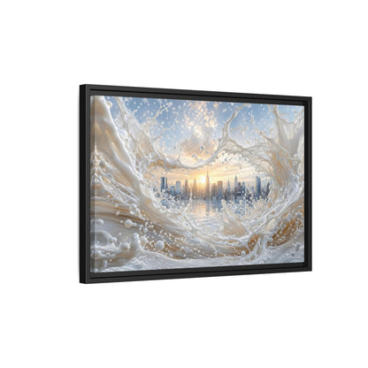 Side Mockup 3. Abstract Cityscape Splash White Cityscape shown as stretched canvas wall art