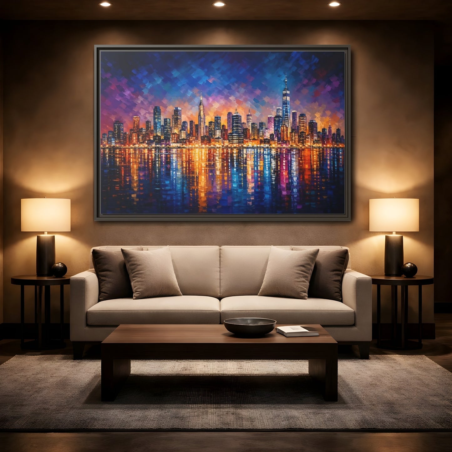 Mockup 2. Abstract Cityscape Vibrant Cityscape shown as stretched canvas wall art