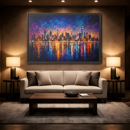 Mockup 2. Abstract Cityscape Vibrant Cityscape shown as stretched canvas wall art