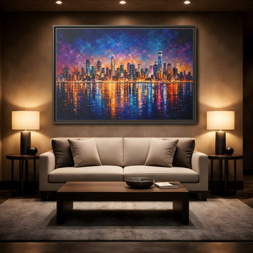 Mockup 2. Abstract Cityscape Vibrant Cityscape shown as stretched canvas wall art