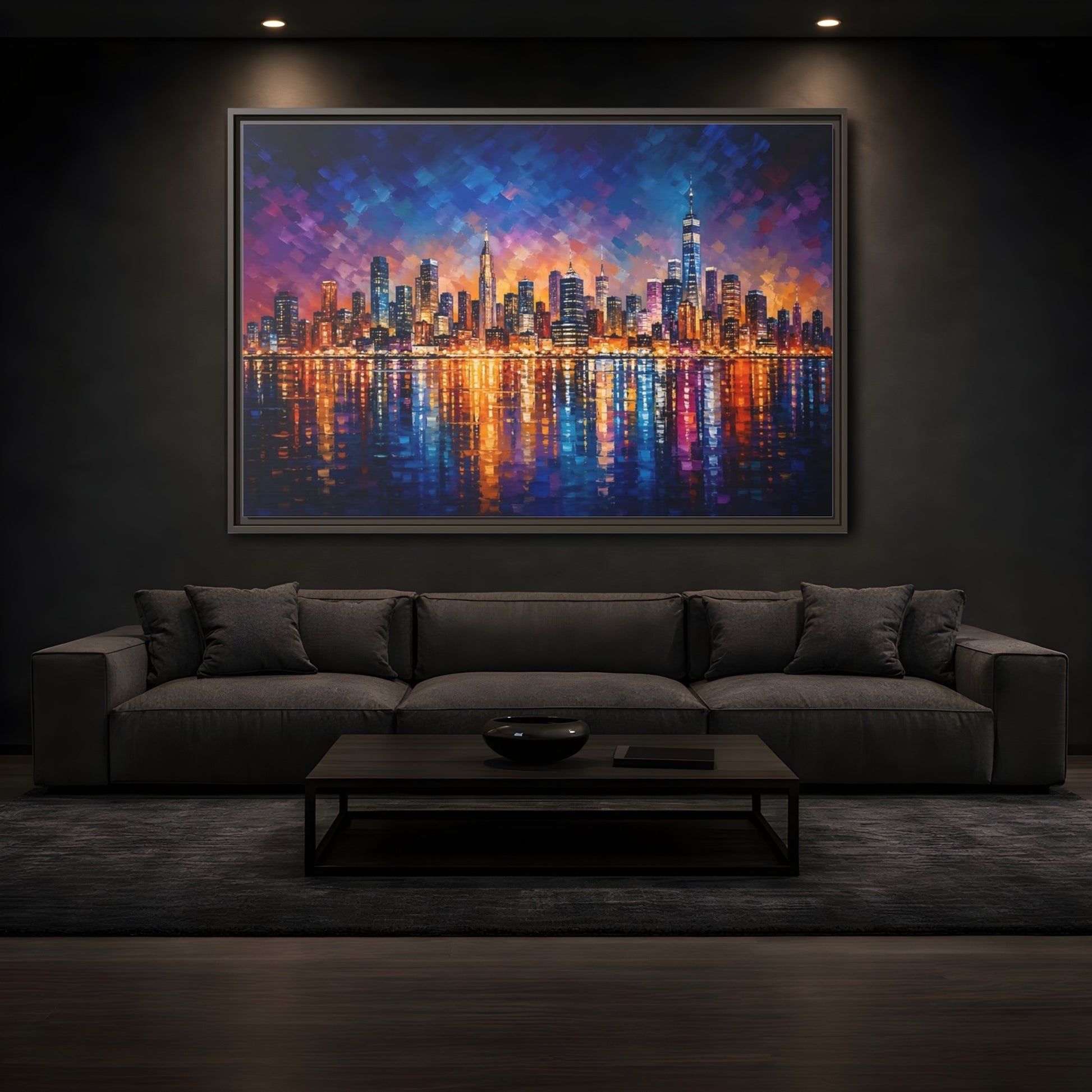 Mockup 3. Abstract Cityscape Vibrant Cityscape shown as stretched canvas wall art