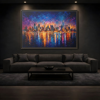Mockup 3. Abstract Cityscape Vibrant Cityscape shown as stretched canvas wall art