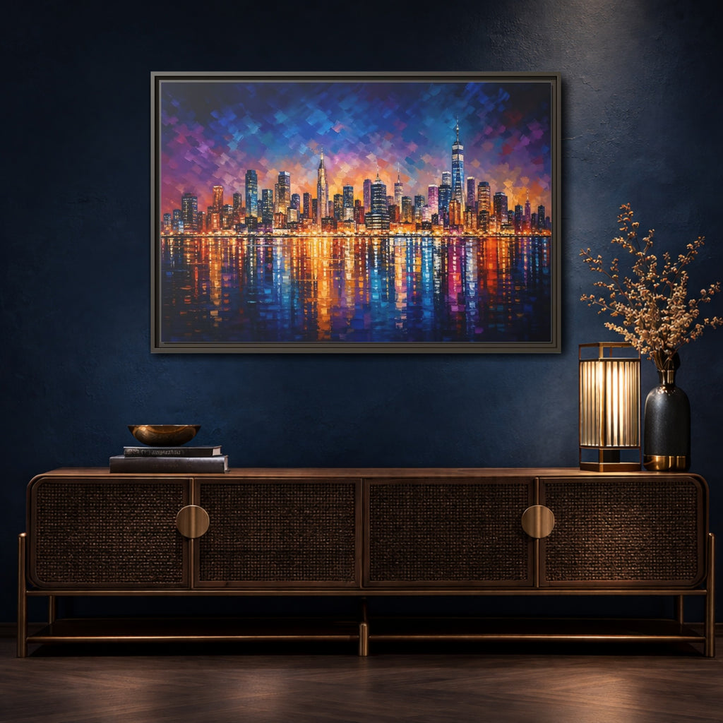 Mockup 4. Abstract Cityscape Vibrant Cityscape shown as stretched canvas wall art