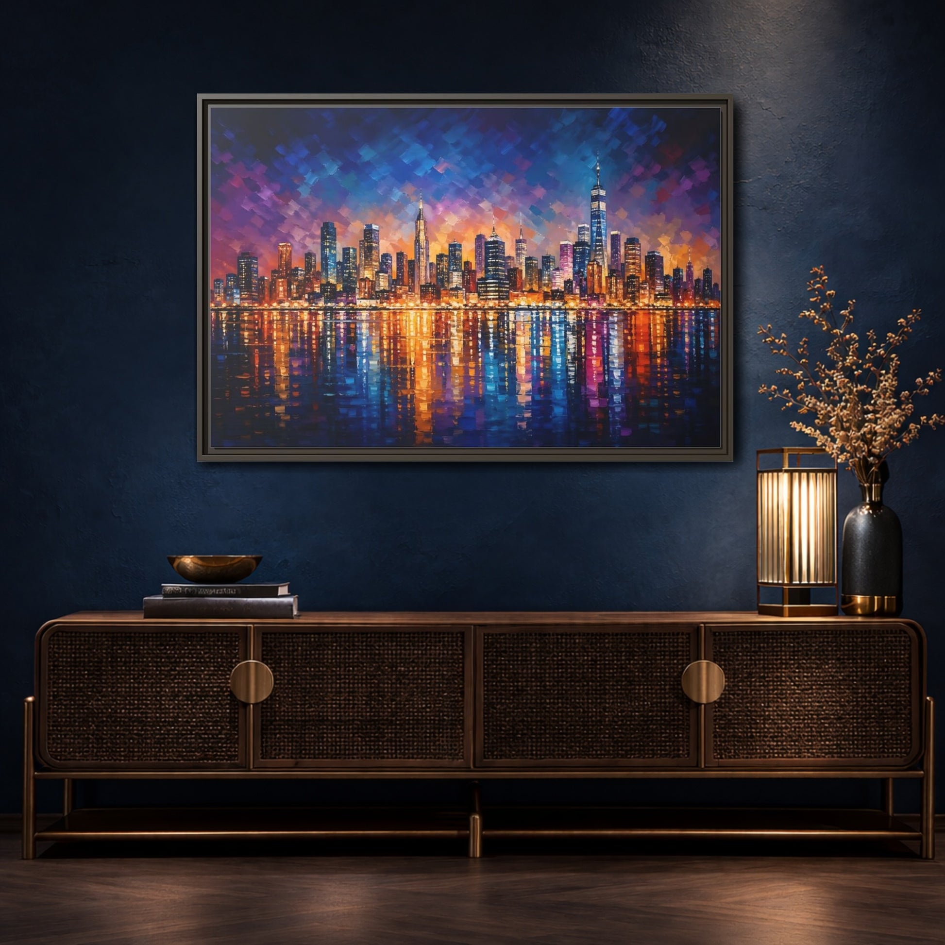 Mockup 4. Abstract Cityscape Vibrant Cityscape shown as stretched canvas wall art