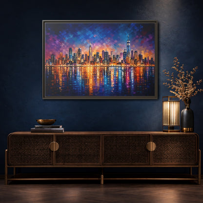 Mockup 4. Abstract Cityscape Vibrant Cityscape shown as stretched canvas wall art
