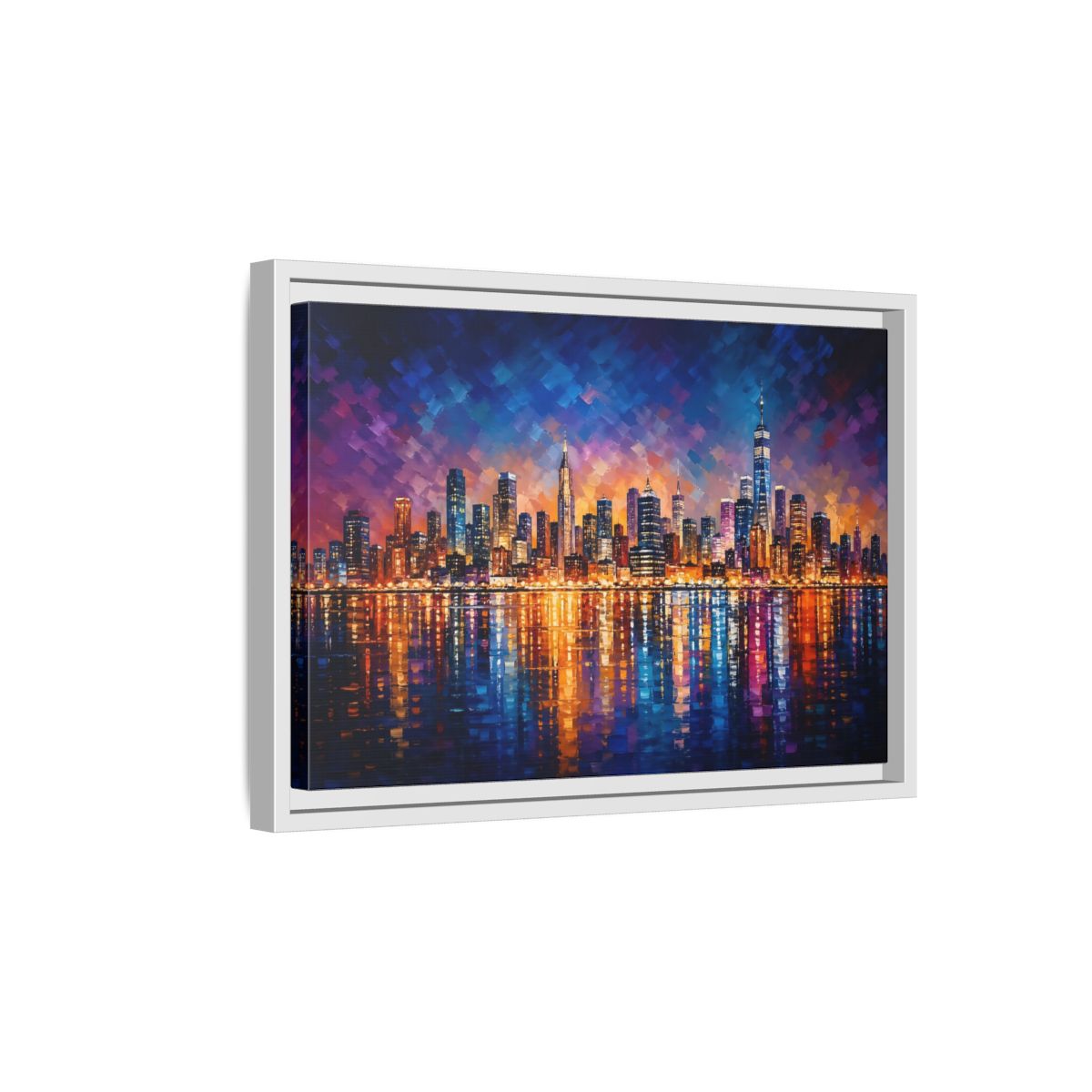 Side Mockup 4. Abstract Cityscape Vibrant Cityscape shown as stretched canvas wall art