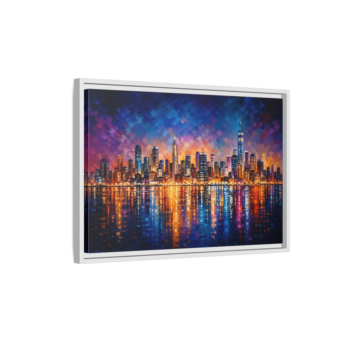 Side Mockup 1. Abstract Cityscape Vibrant Cityscape shown as stretched canvas wall art
