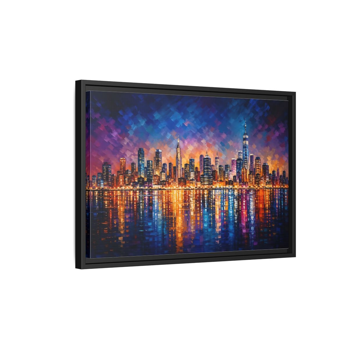 Side Mockup 3. Abstract Cityscape Vibrant Cityscape shown as stretched canvas wall art