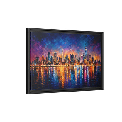 Side Mockup 3. Abstract Cityscape Vibrant Cityscape shown as stretched canvas wall art