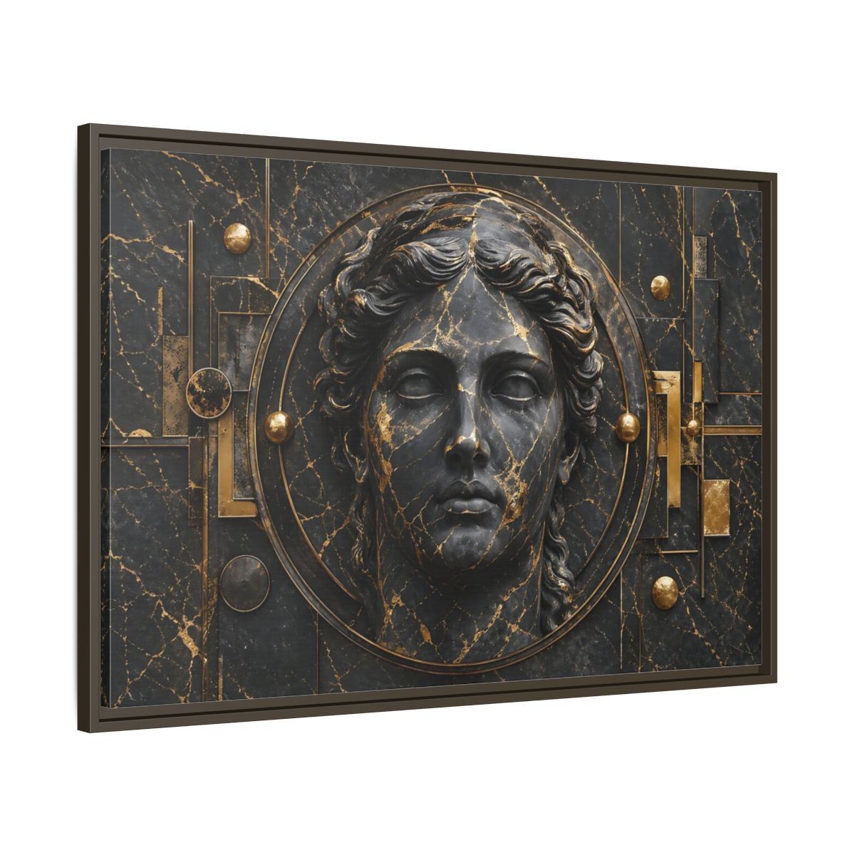 Main Mockup. Abstract Classical Bust Black And Gold shown as stretched canvas wall art