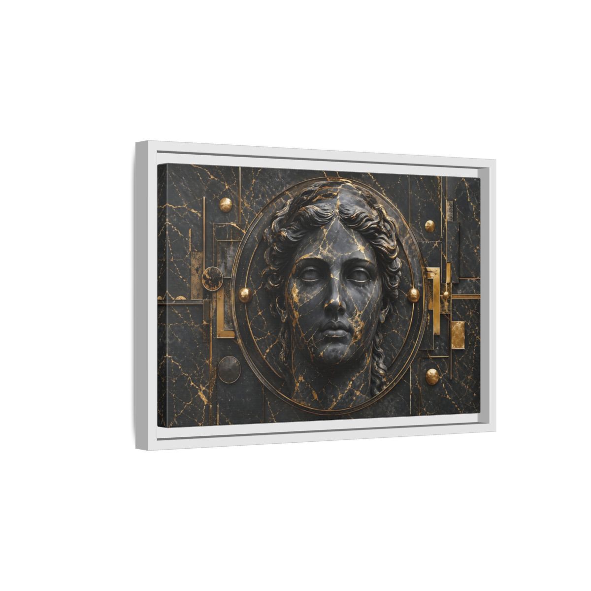 Side Mockup 4. Abstract Classical Bust Black And Gold shown as stretched canvas wall art