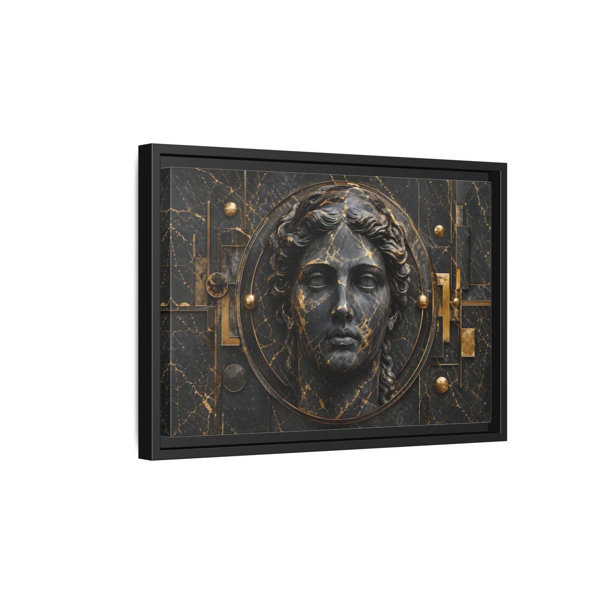 Side Mockup 6. Abstract Classical Bust Black And Gold shown as stretched canvas wall art
