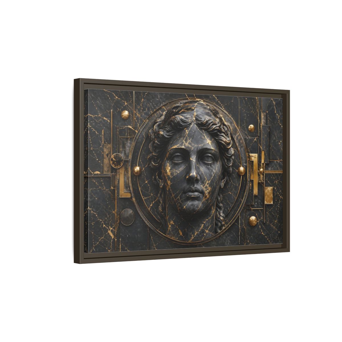 Side Mockup 2. Abstract Classical Bust Black And Gold shown as stretched canvas wall art