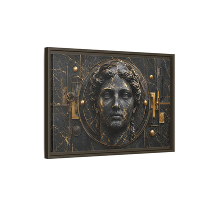 Side Mockup 2. Abstract Classical Bust Black And Gold shown as stretched canvas wall art