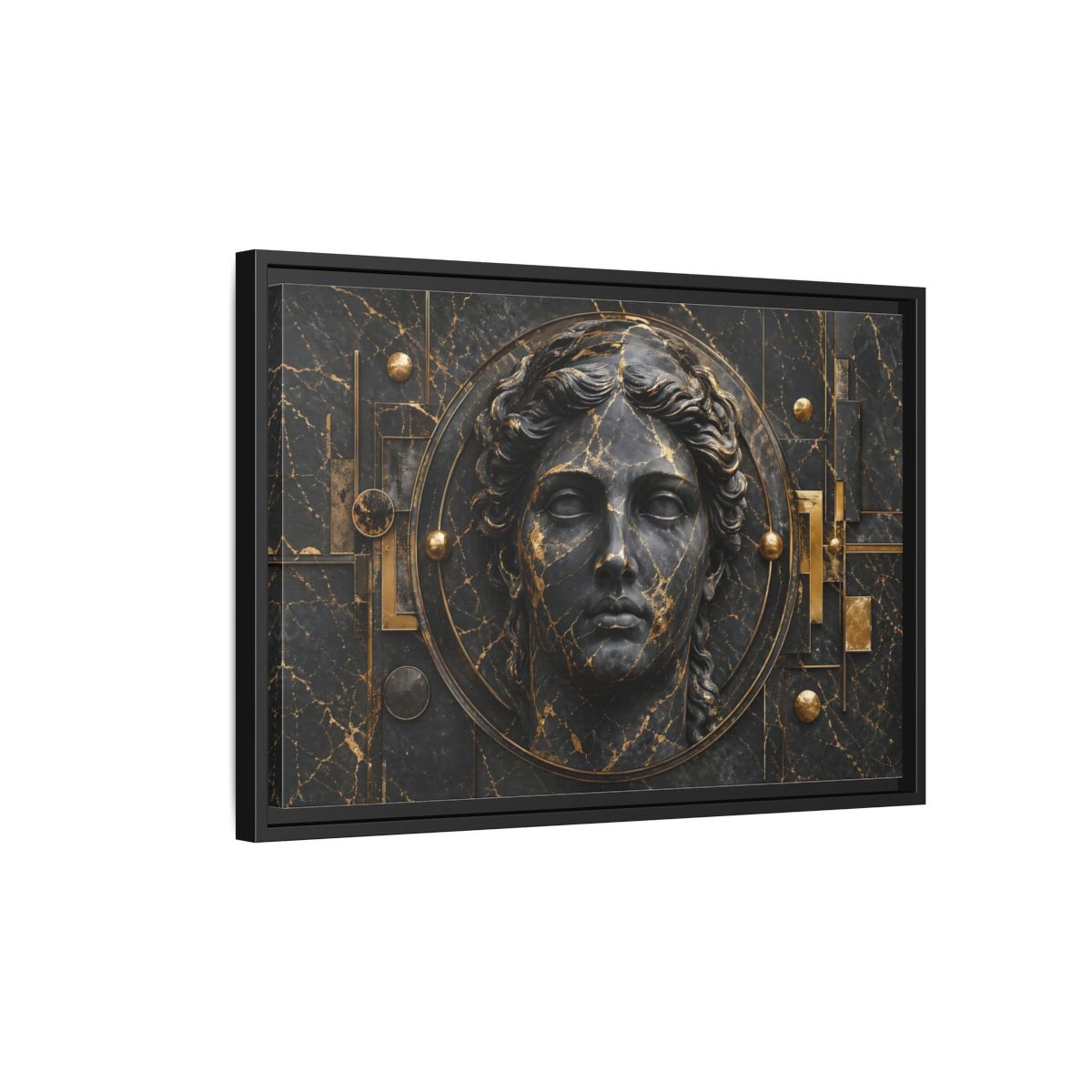 Side Mockup 3. Abstract Classical Bust Black And Gold shown as stretched canvas wall art