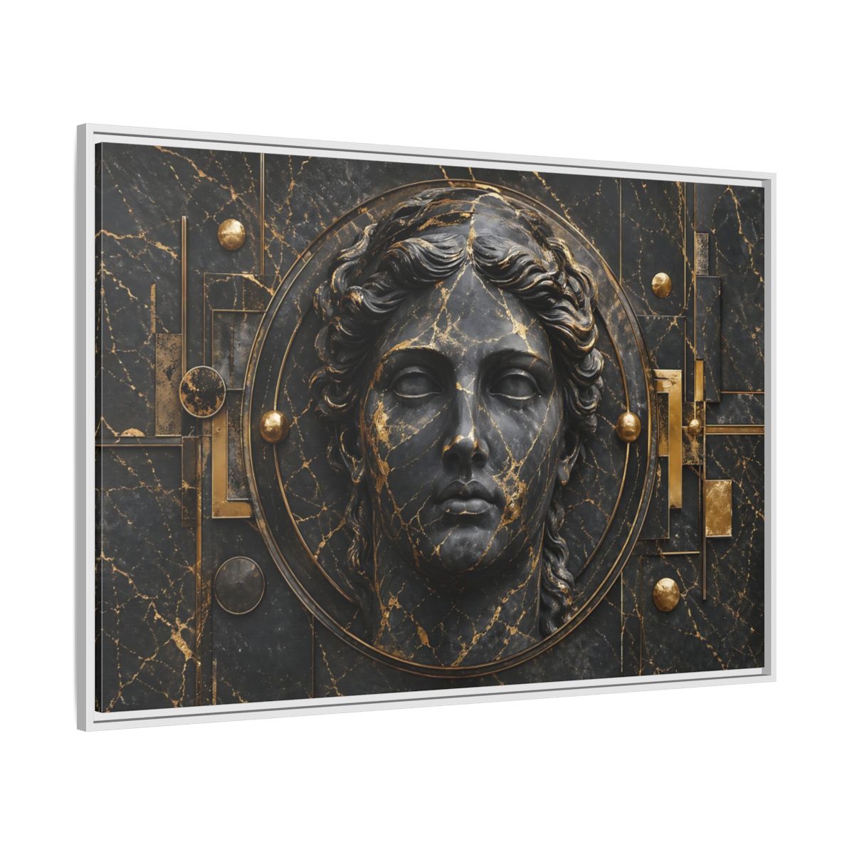Side Mockup 7. Abstract Classical Bust Black And Gold shown as stretched canvas wall art
