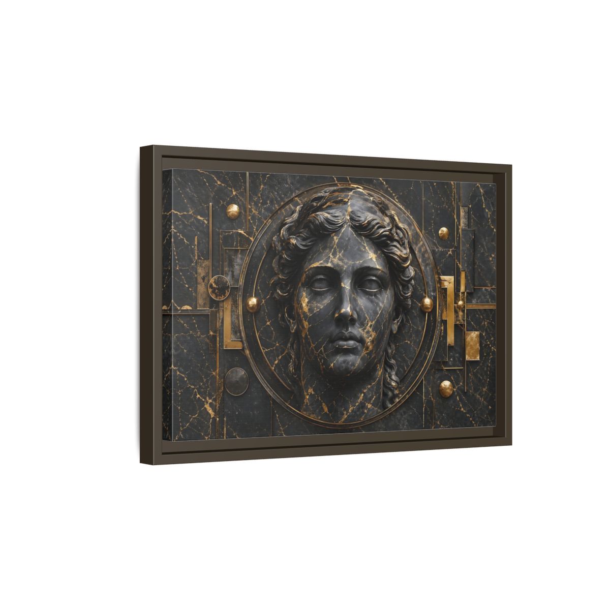 Side Mockup 5. Abstract Classical Bust Black And Gold shown as stretched canvas wall art