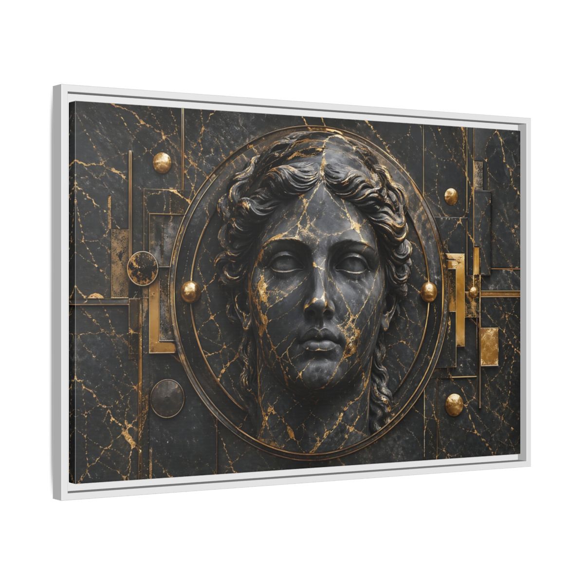 Side Mockup 9. Abstract Classical Bust Black And Gold shown as stretched canvas wall art