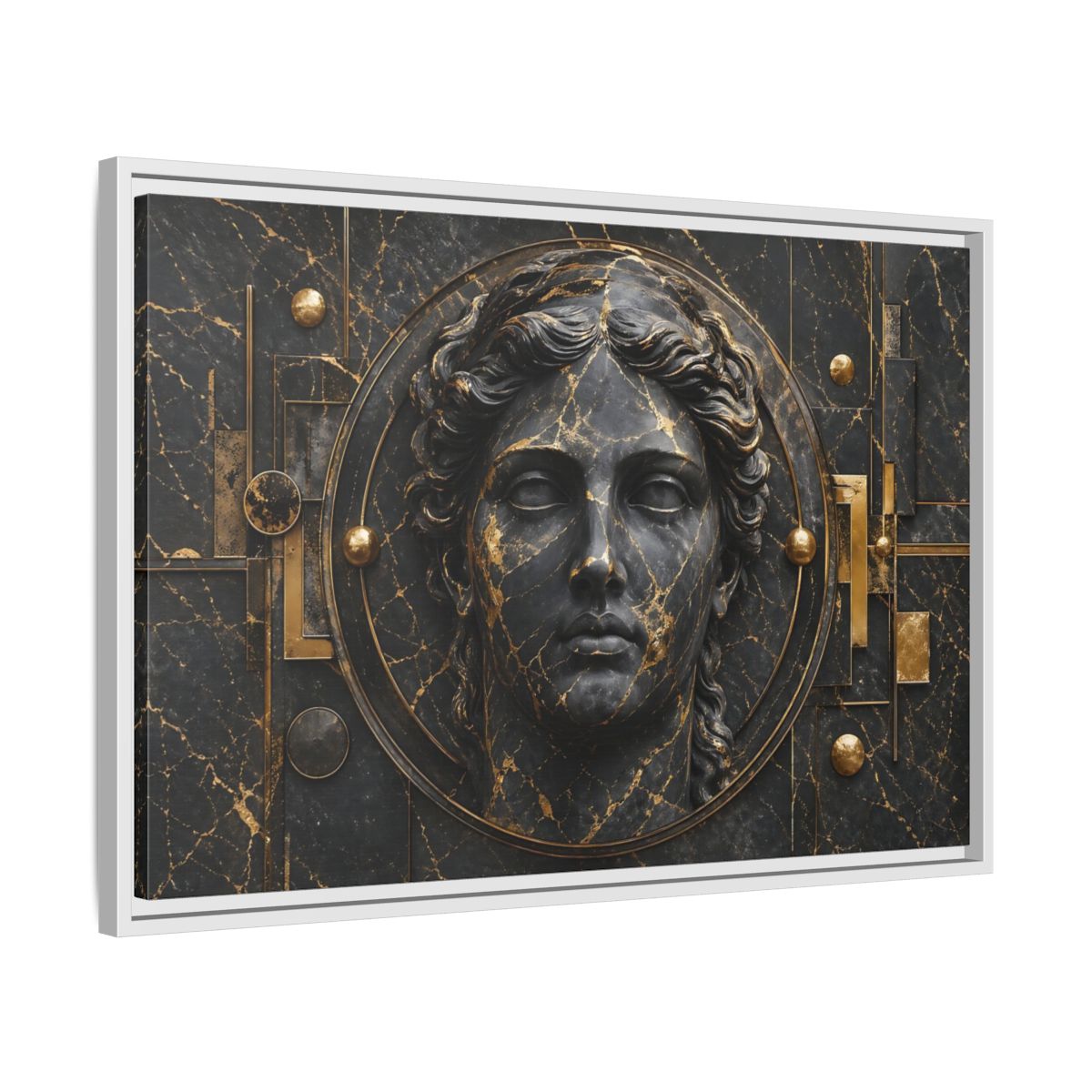 Side Mockup 10. Abstract Classical Bust Black And Gold shown as stretched canvas wall art