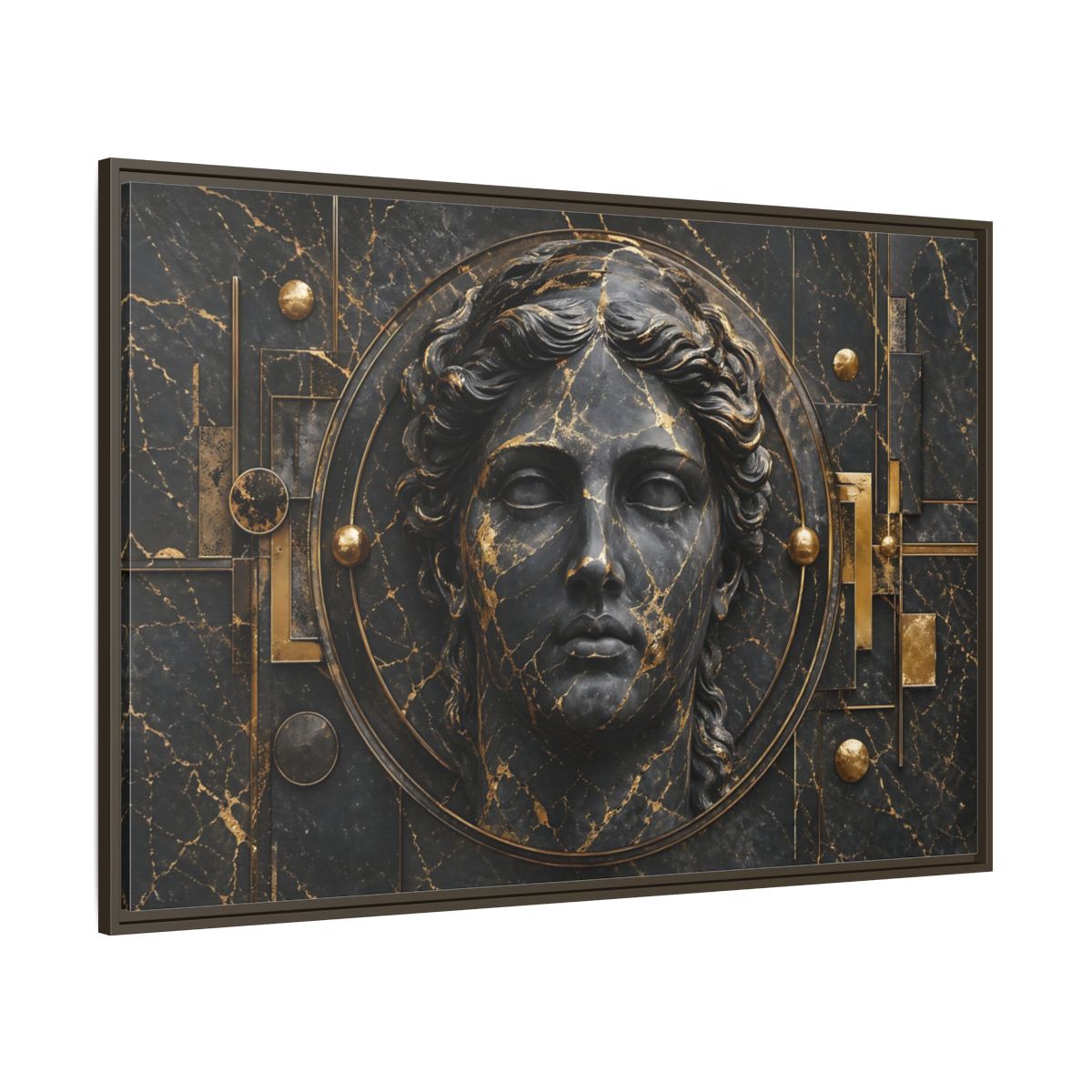 Side Mockup 8. Abstract Classical Bust Black And Gold shown as stretched canvas wall art