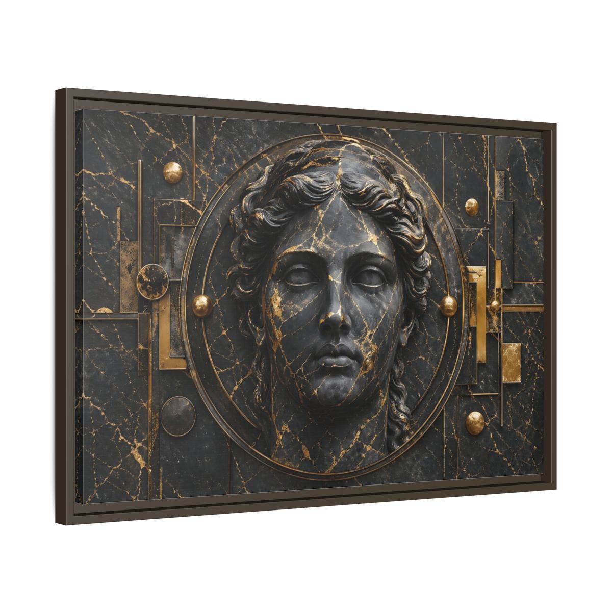 Side Mockup 11. Abstract Classical Bust Black And Gold shown as stretched canvas wall art